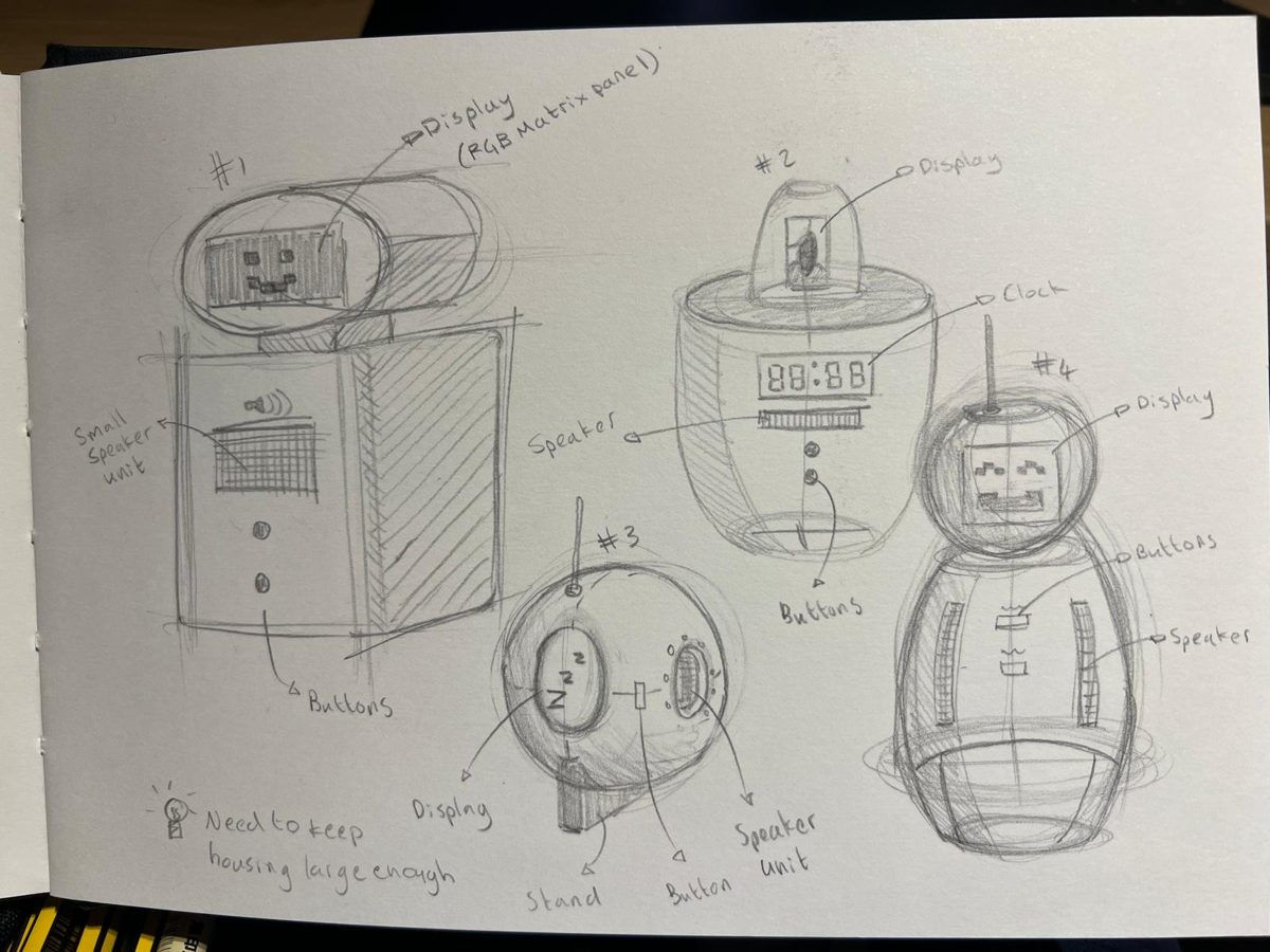 Pencil sketches of four robot concepts, labelled with display, speaker, buttons and clock.