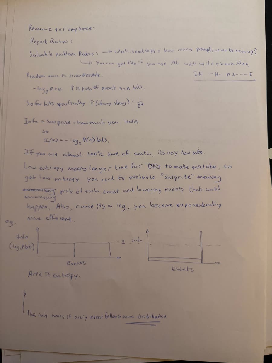 Handwritten notes on information theory: entropy, information as surprise, and a directly responsible individual.