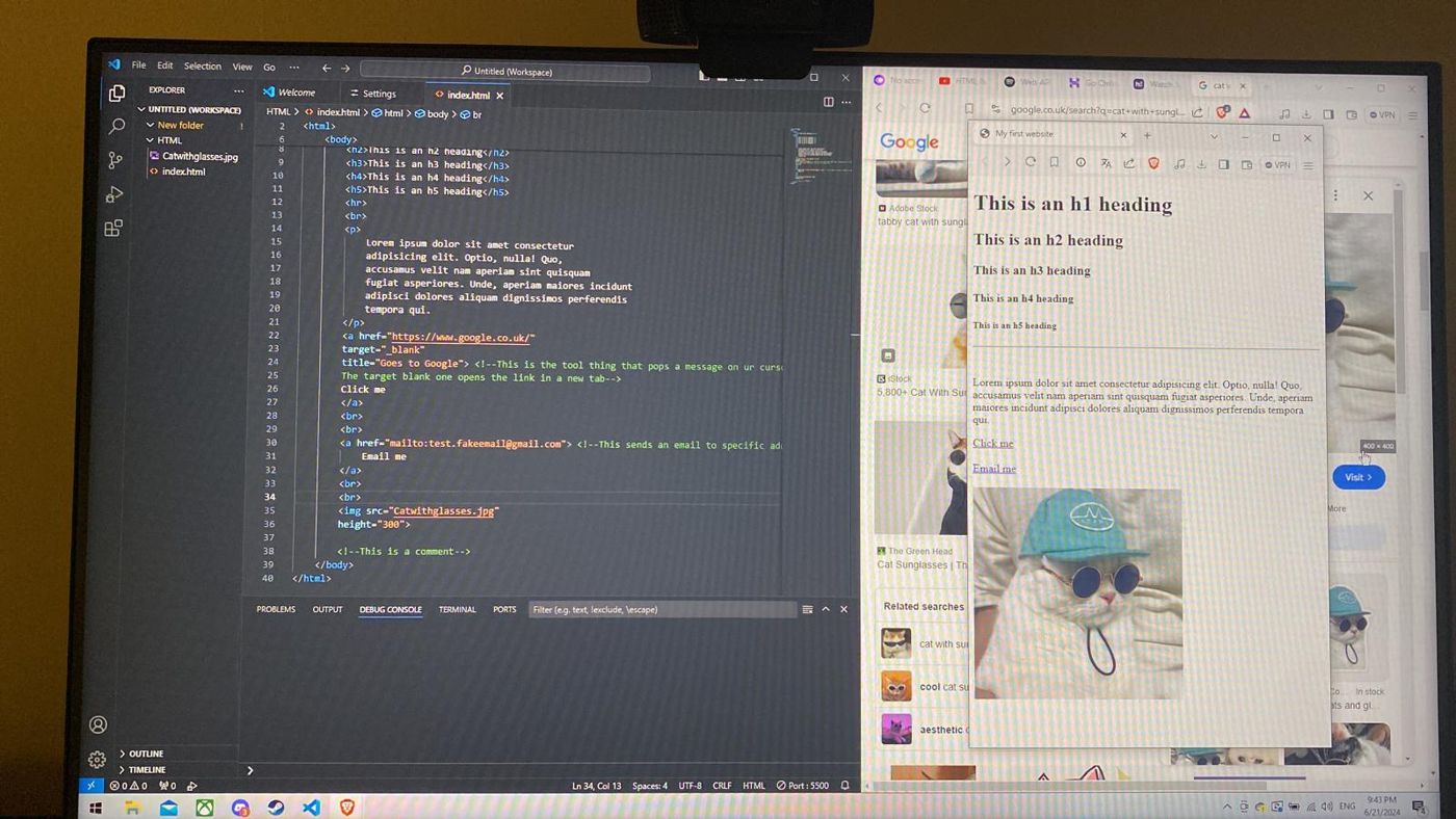 My first website in VS Code and the browser: headings, links and a photo of a cat in sunglasses.