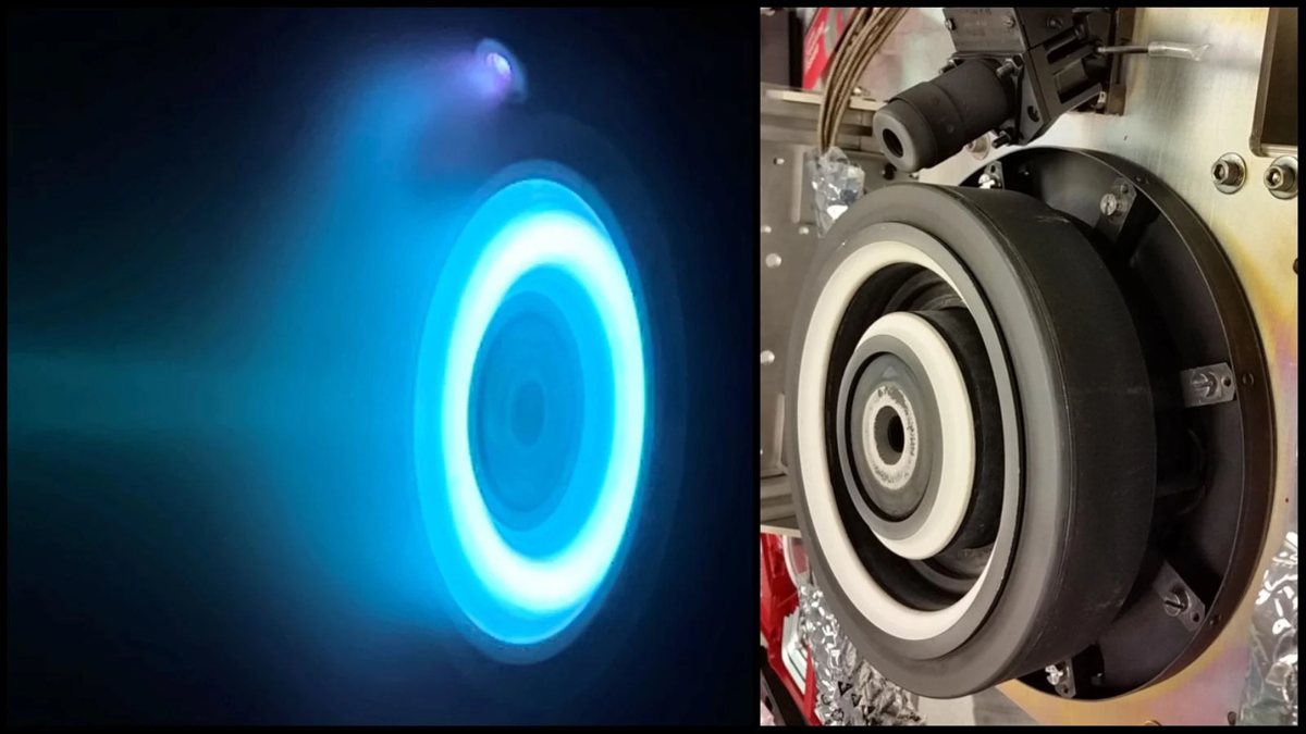 A Hall effect thruster firing with a blue plasma glow, next to the same thruster switched off.