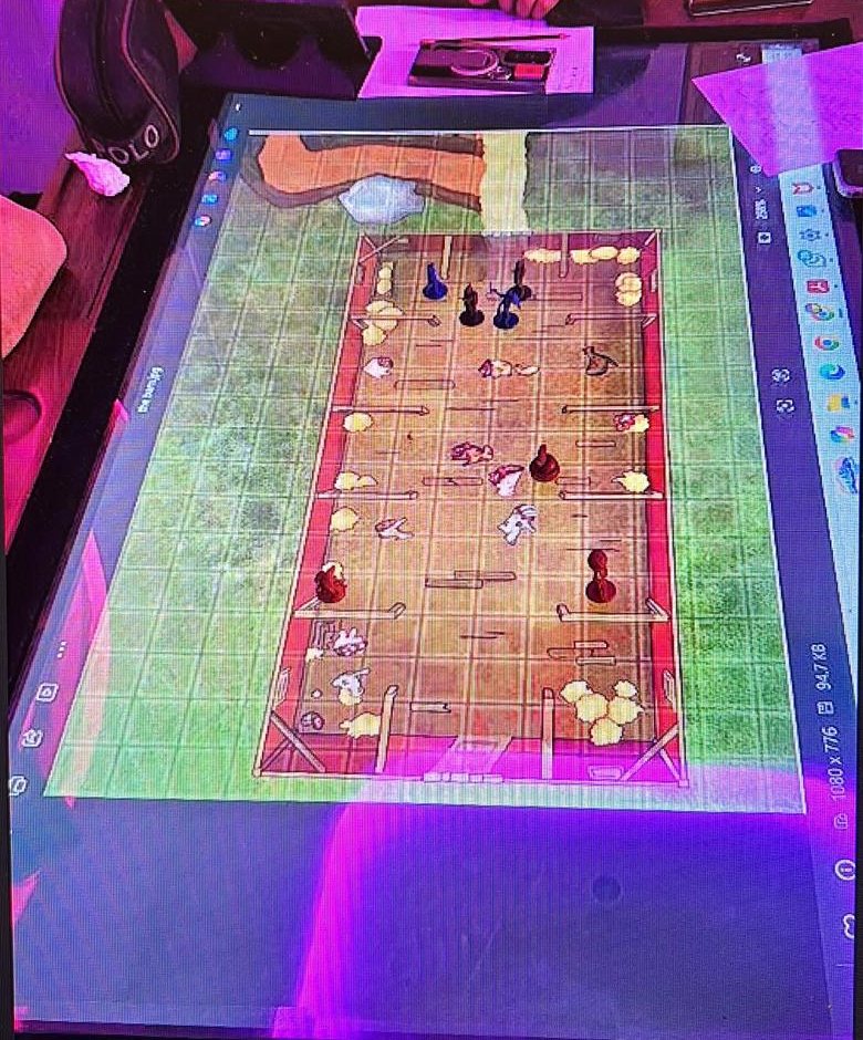 A digital tabletop showing a battle map with miniatures, from a player's Instagram story.