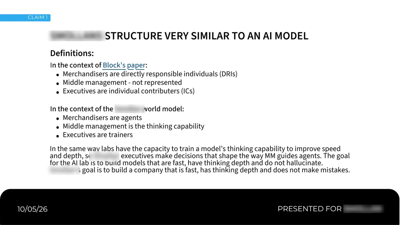 Slide: A company's structure mapped onto an AI model: merchandisers as agents, middle management as thinking capability, executives as trainers.