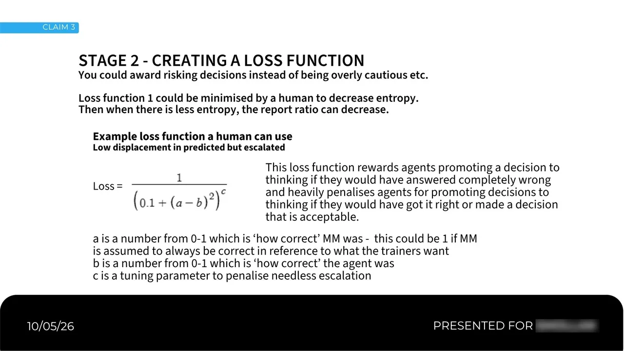 Slide: Stage 2: a loss function a human can use to reward and penalise escalation.