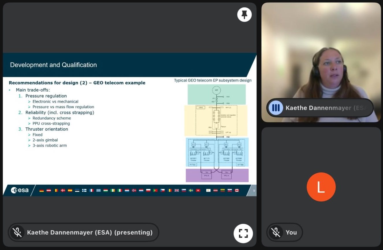 A video call: Dr Kathe Dannenmayer of the European Space Agency presenting a slide on electric propulsion design trade-offs.
